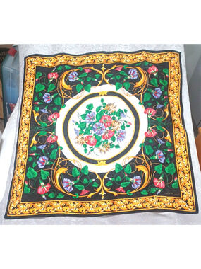 Anne de Sevil Paris Gold Baroque Morning Glory Floral Head Scarf 34x34